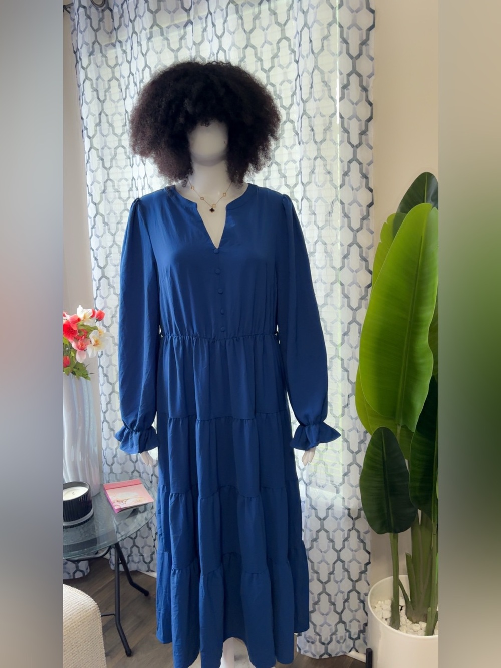 Long Sleeve Tiered Maxi Dress in Deep Blue